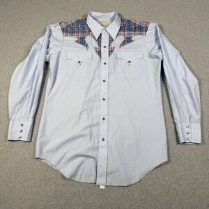 H Bar C California Ranchwear Vintage Western Pearl Snap Shirt Blue Plaid 16.5x35